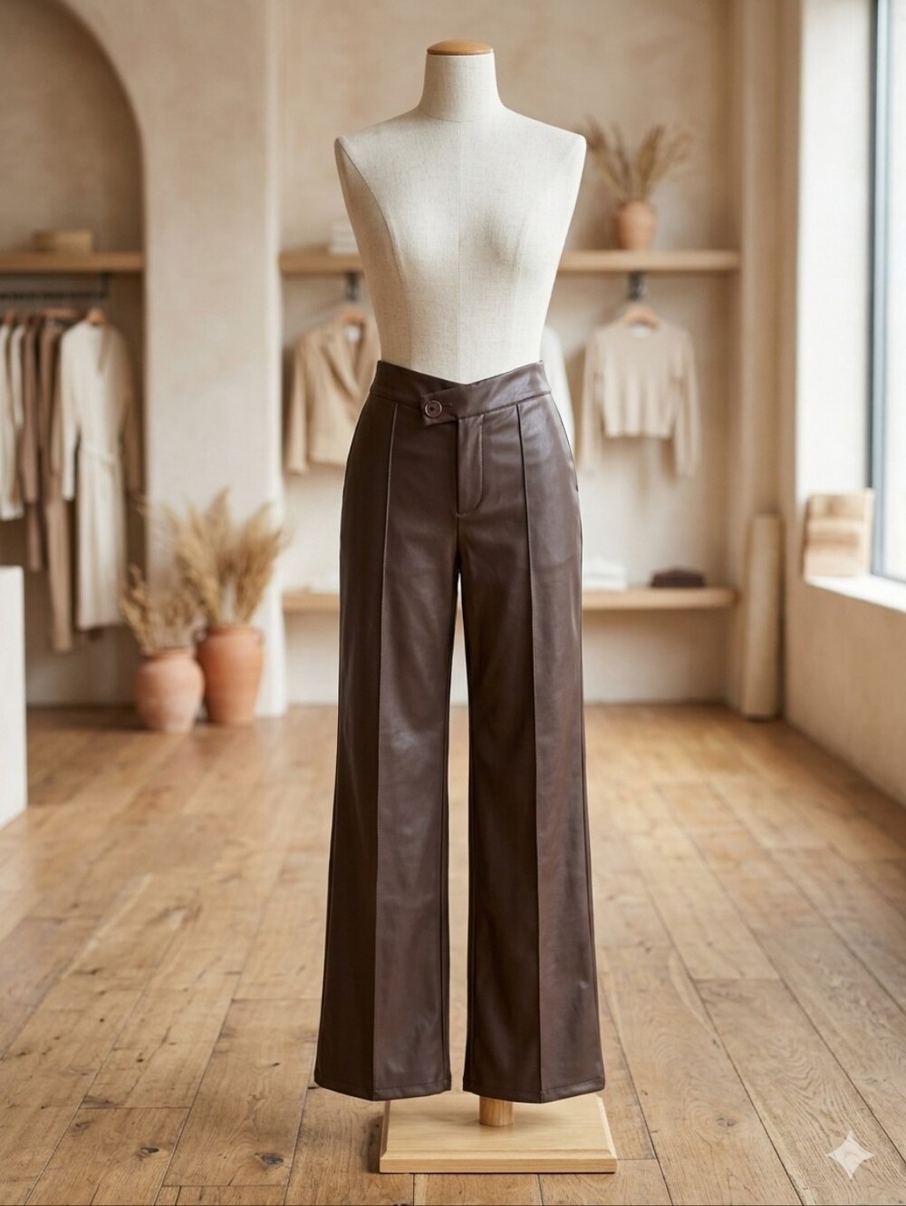 Brown Faux Leather Wide-Leg Pants